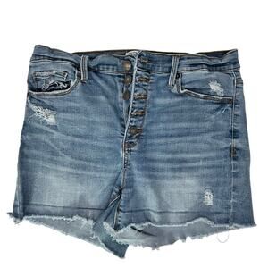 Mudd FLX Stretch High Rise Midi Distressed Button Up Denim Shorts
